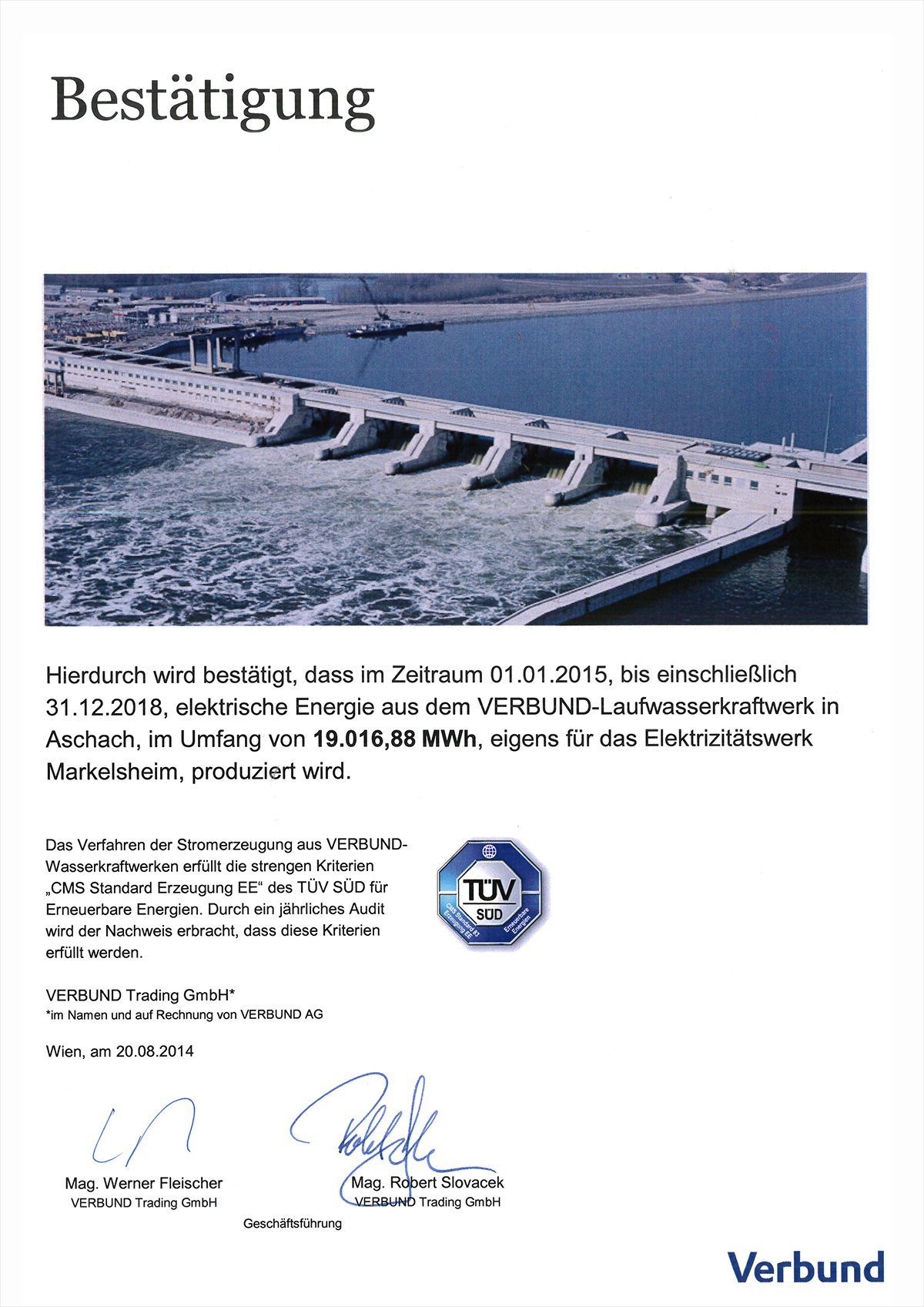 Verbund Bestätigung Wasserkraft